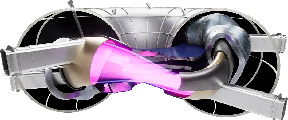 A render of the Alpha demonstrator revealing the different layers inside, from a folding magenta plasma in the centre, to a donut-like metal shell on the outside.