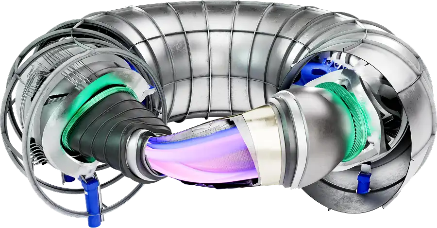 A render of the Stellaris power plant concept, that reveals the layers inside with the curved, pink plasma on the inside and a metallic ring on the outside.