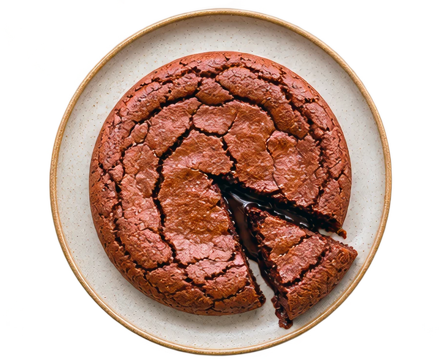Gâteau au chocolat entamé dans une assiette blanche, vue du dessus