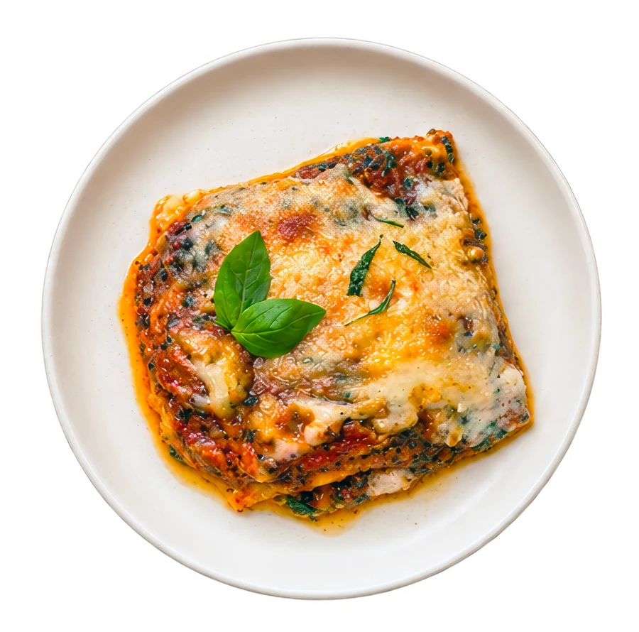 Part de lasagnes gratinées dans une assiette blanche, vue du dessus