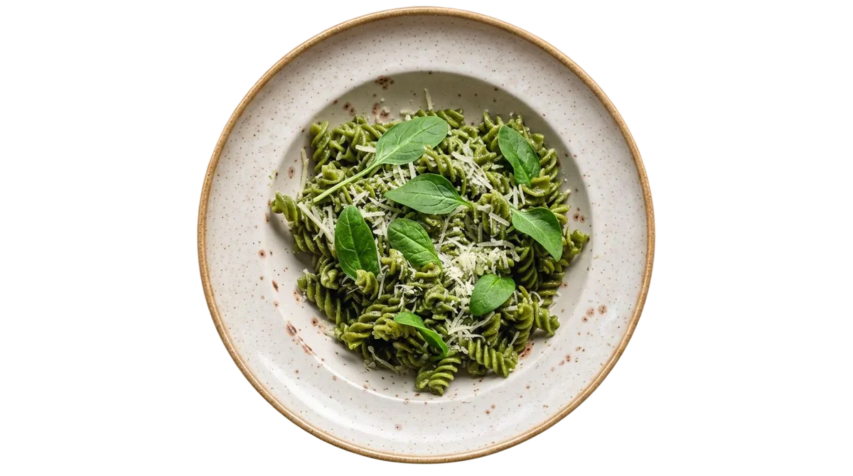 Assiette de fusilli à la crème d'épinards, parmesan râpé et pousses d'épinards, vue du dessus