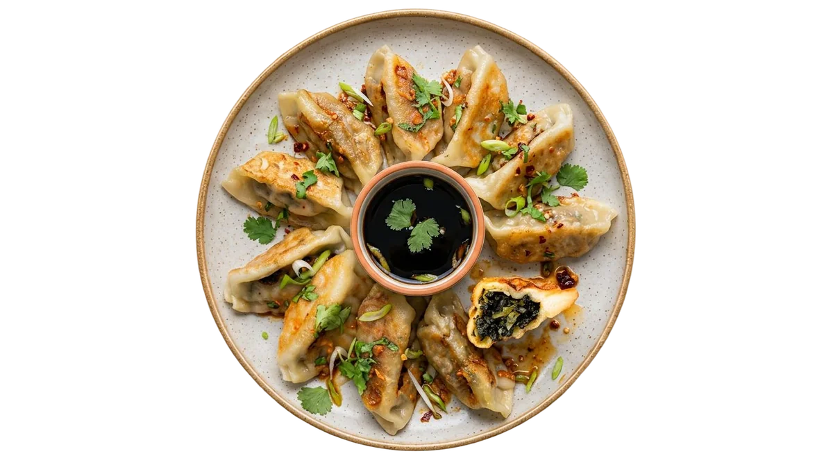 Assiette de gyoza dorés disposés en couronne autour d'un bol de sauce soja, coriandre et oignons verts, vue du dessus
