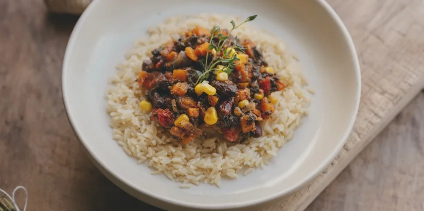 Bol de riz et chili végétal garni de thym frais, sur planche en bois
