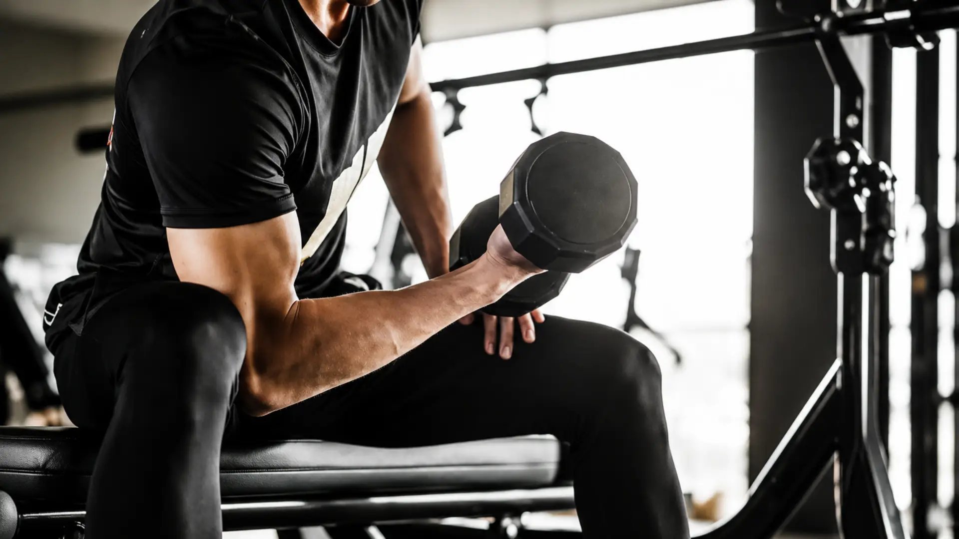 Man performing a seated dumbbell curl during a strength training workout in a gym.