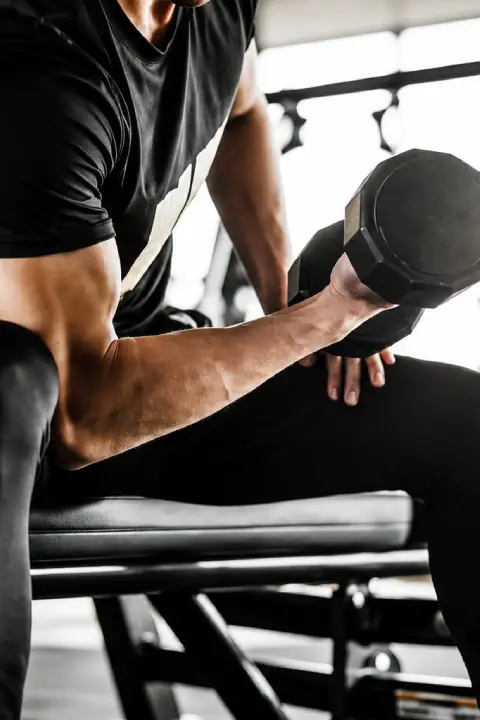 Man performing a seated dumbbell curl during a strength training workout in a gym.
