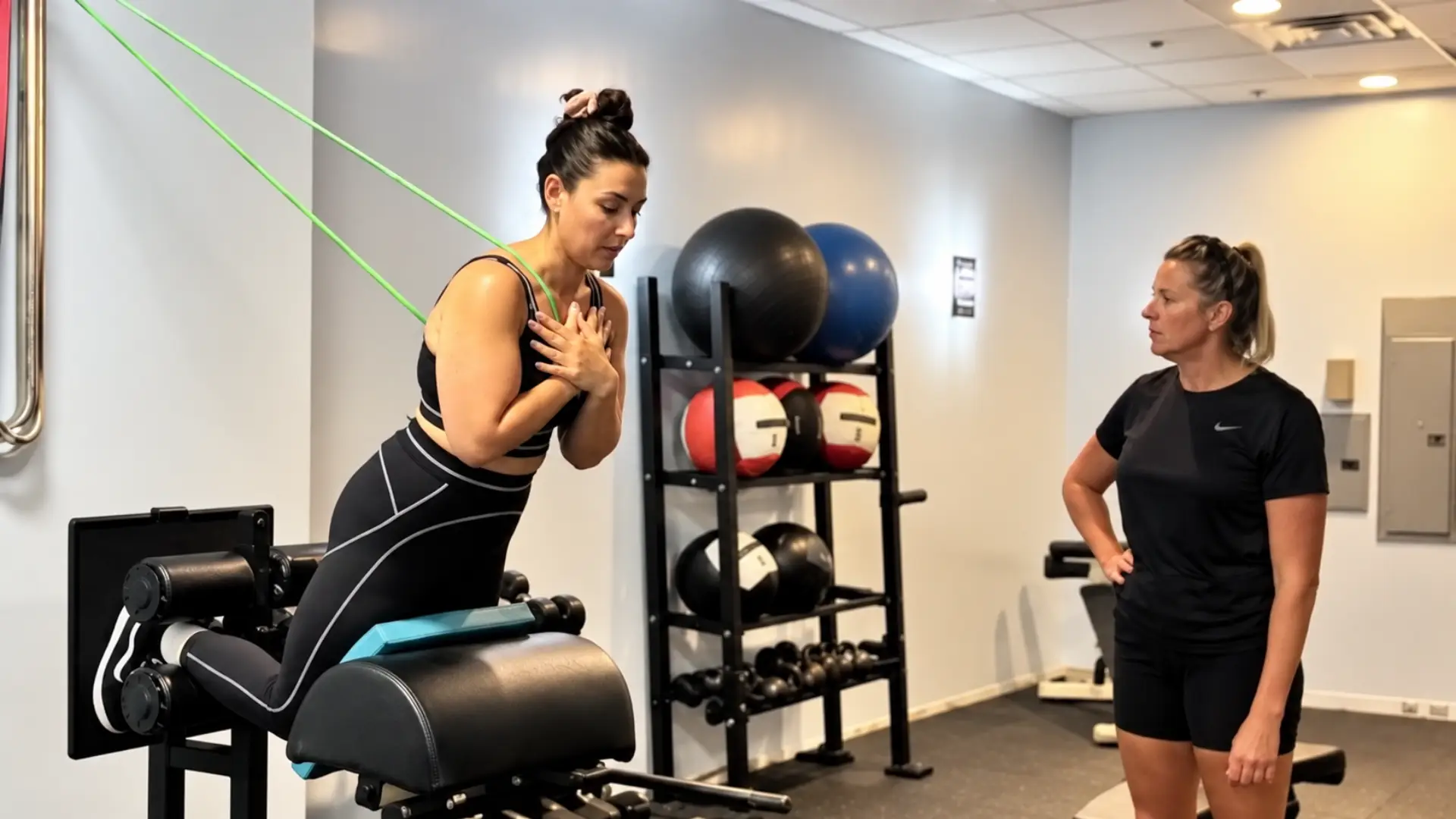 Woman performing a resistance exercise with a trainer.