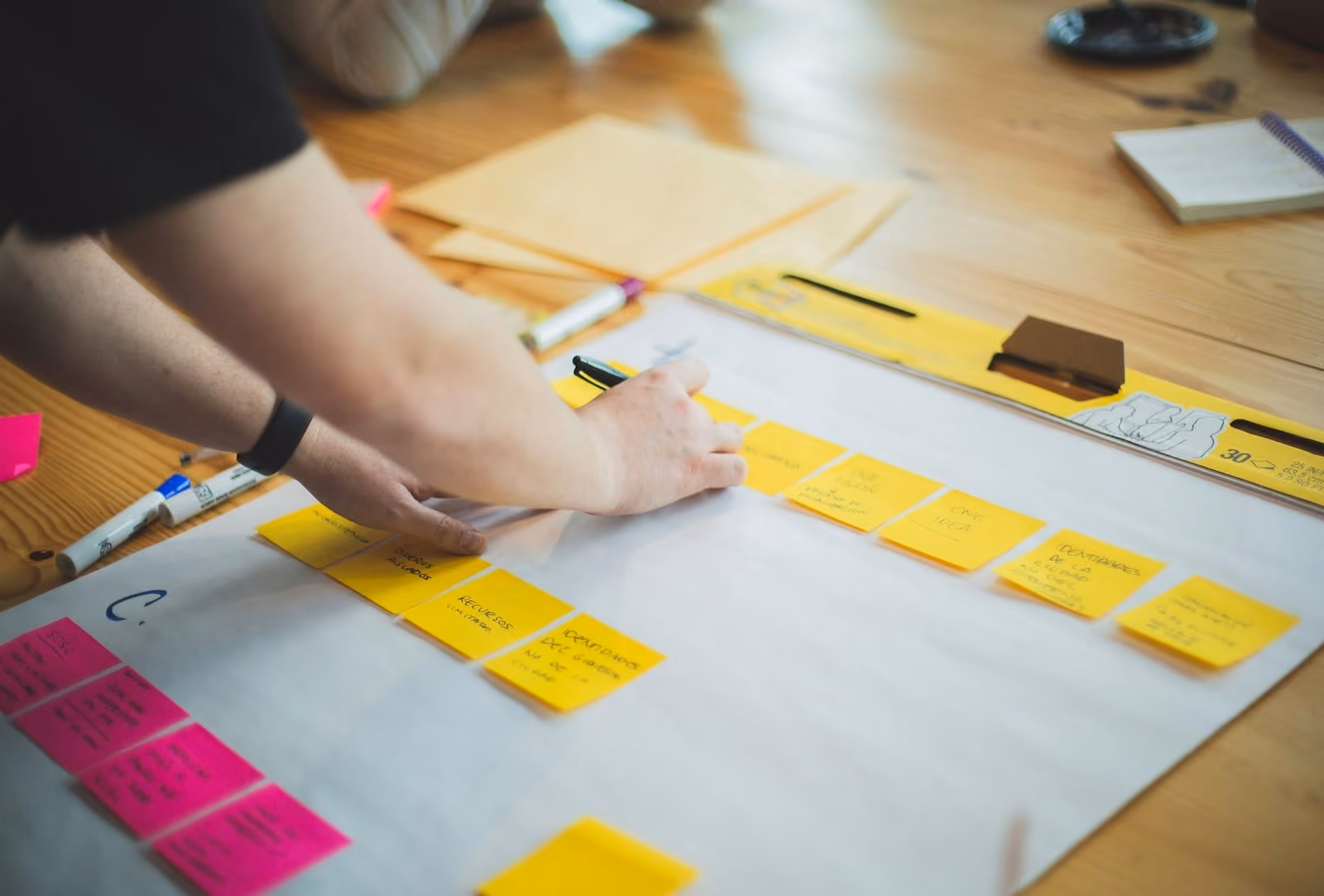 Person arranging yellow and pink sticky notes on a whiteboard during a planning session.