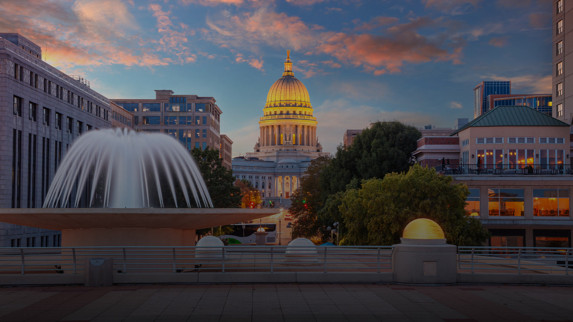 The Wisconsin State Capitol at sunset in downtown Madison, near the NorthRock Partners office