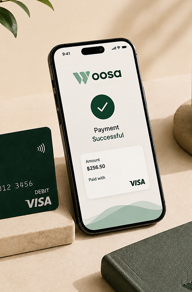 Smartphone displaying a payment confirmation screen from Woosa app showing a green checkmark, message 'Payment Successful,' and payment details of $256.50 paid with Visa. Nearby is a green Visa debit card on a beige surface.