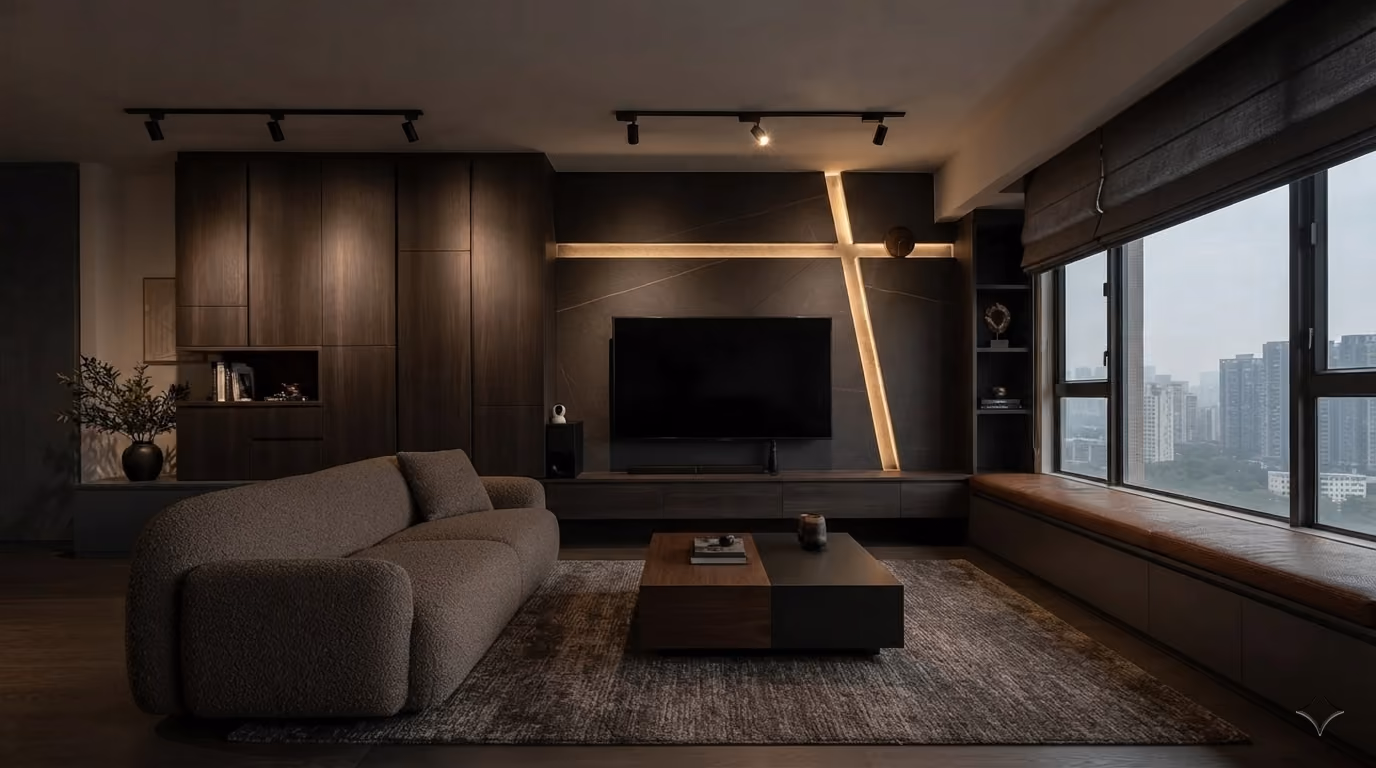 Dark living room with a curved sofa, low coffee table, timber TV wall and large windows overlooking the city.