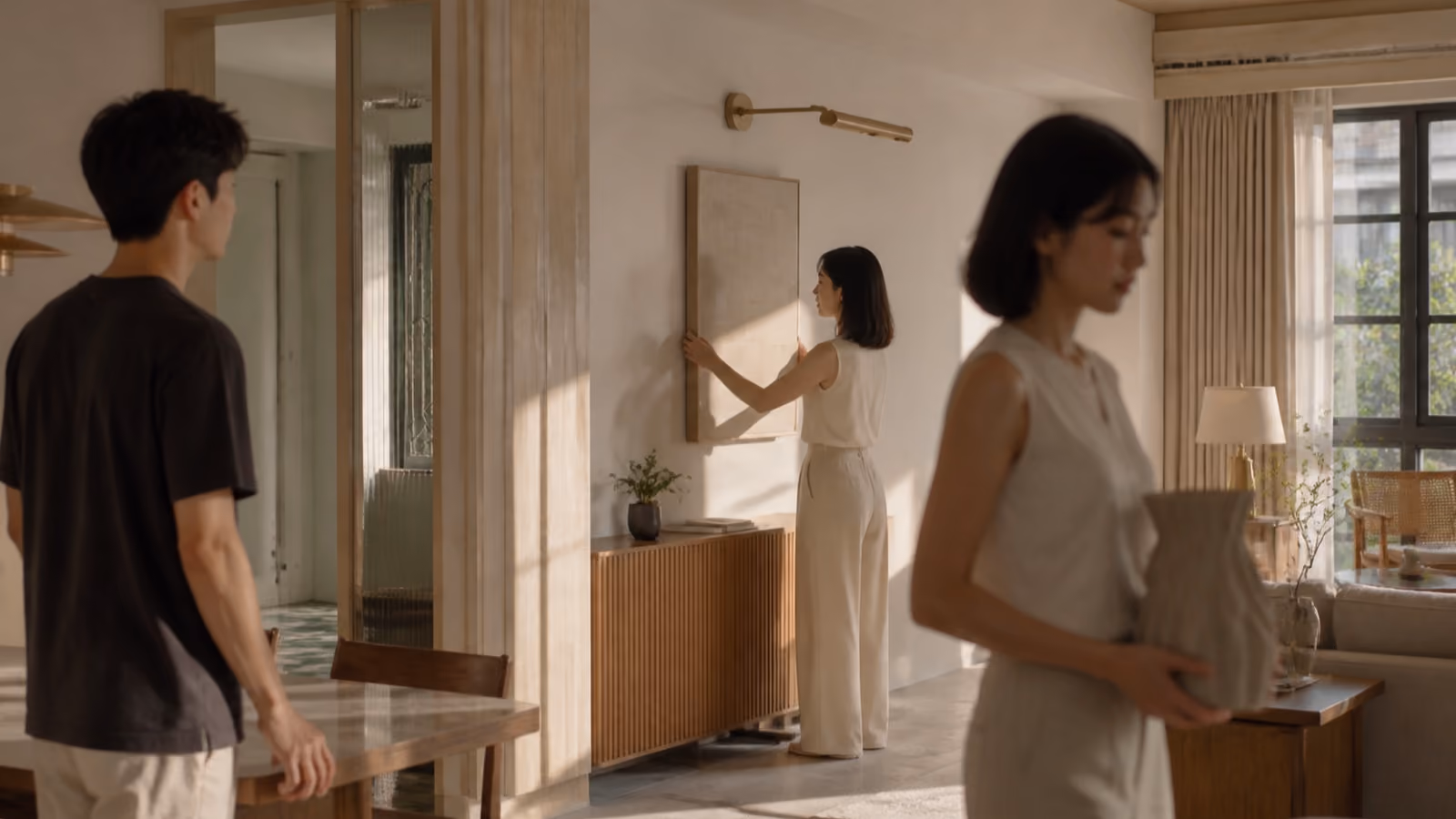 Three people walking through a bright apartment with timber cabinetry and light furnishings.