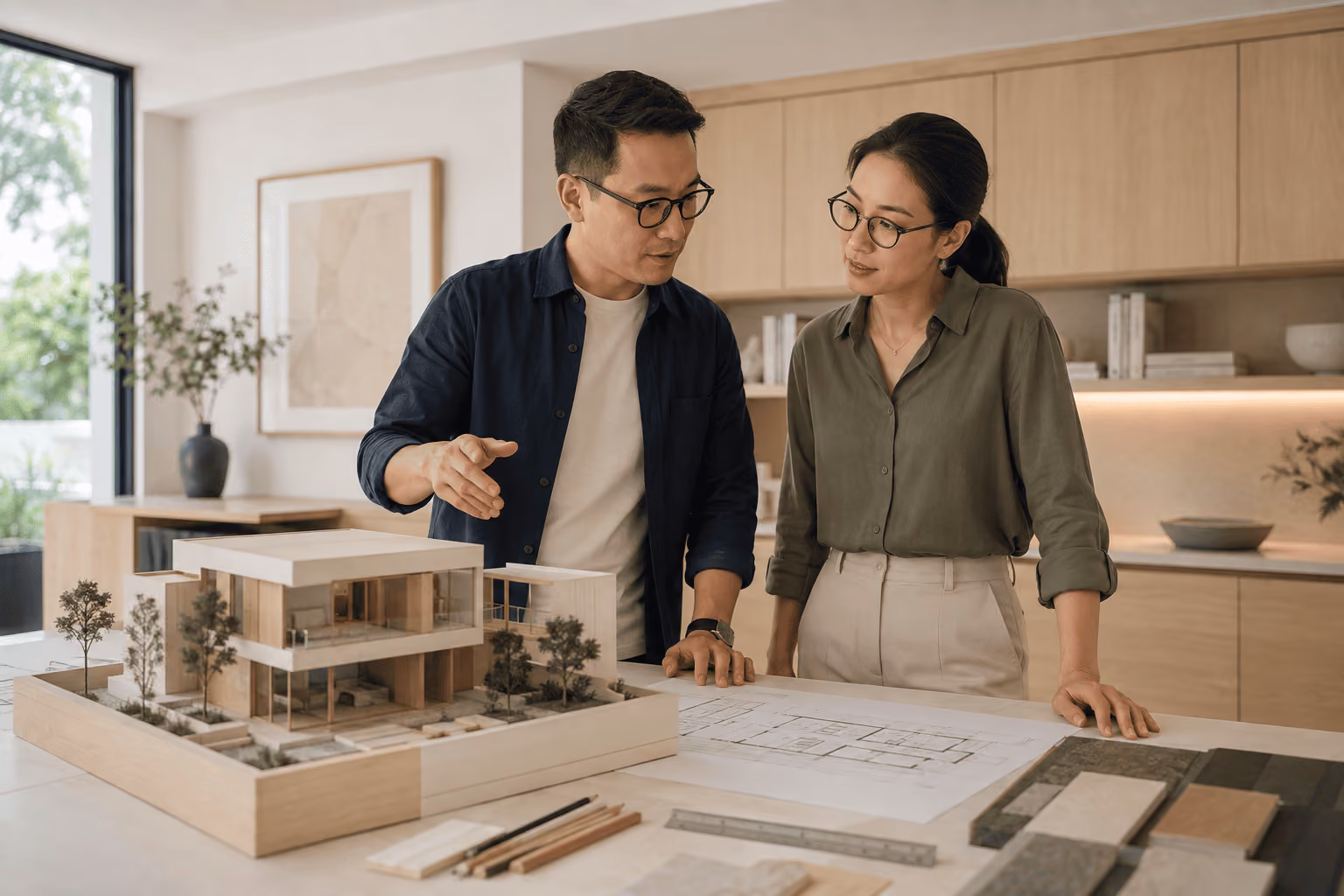 Man and woman wearing glasses pose with architectural model and drawing tools on table.