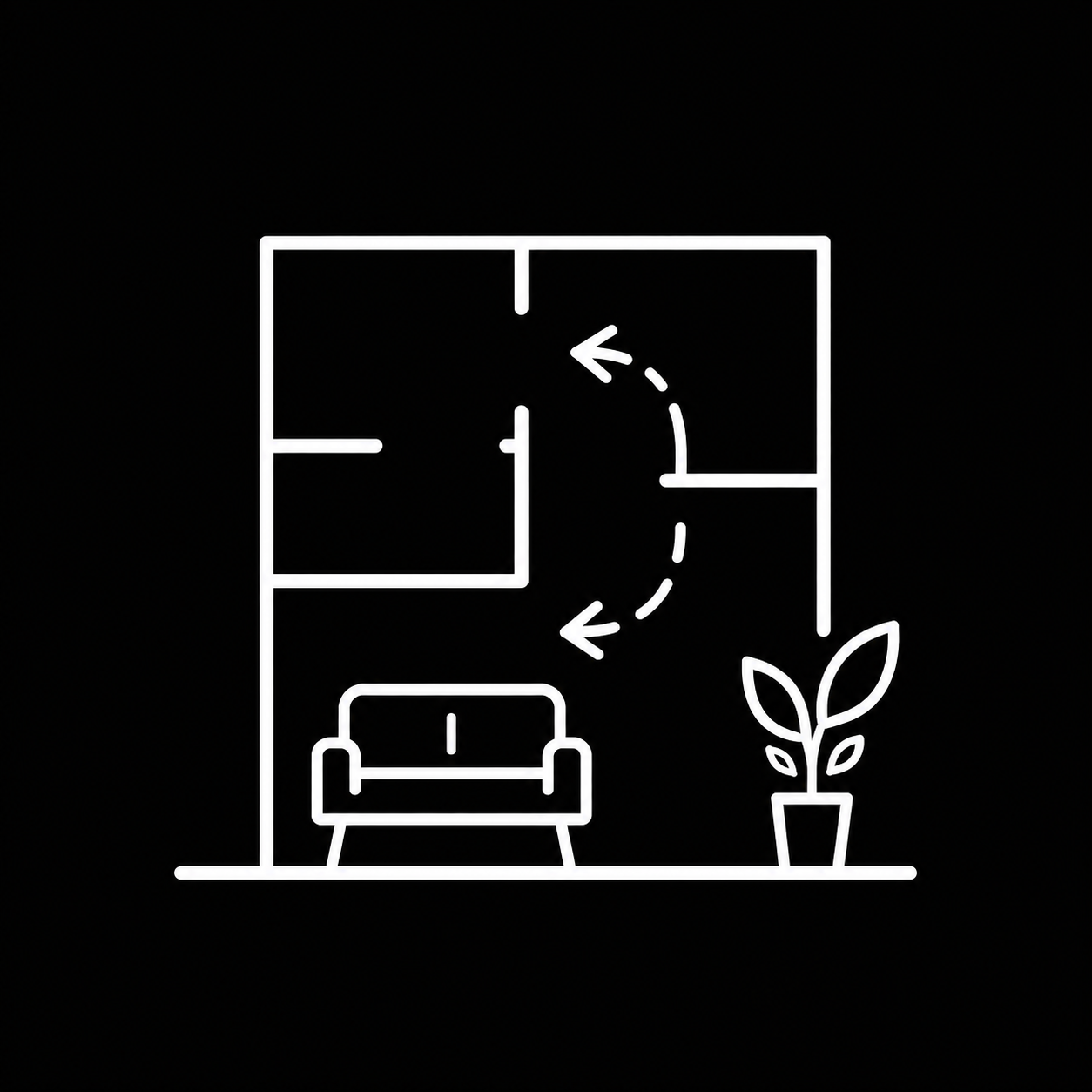 Line icon of a floor plan with circulation arrows, a sofa and a plant.