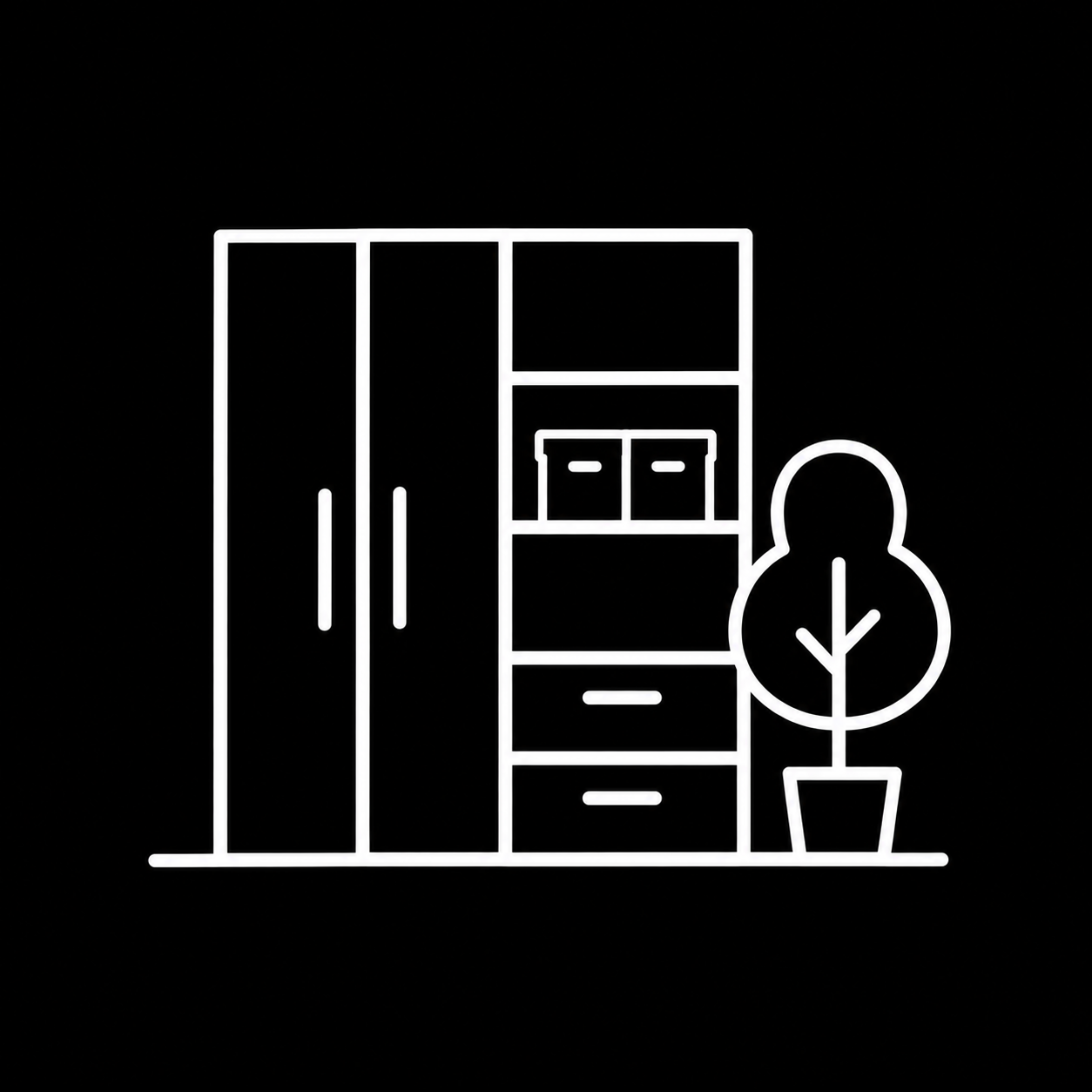 Line icon of a wardrobe and storage drawers beside a plant.