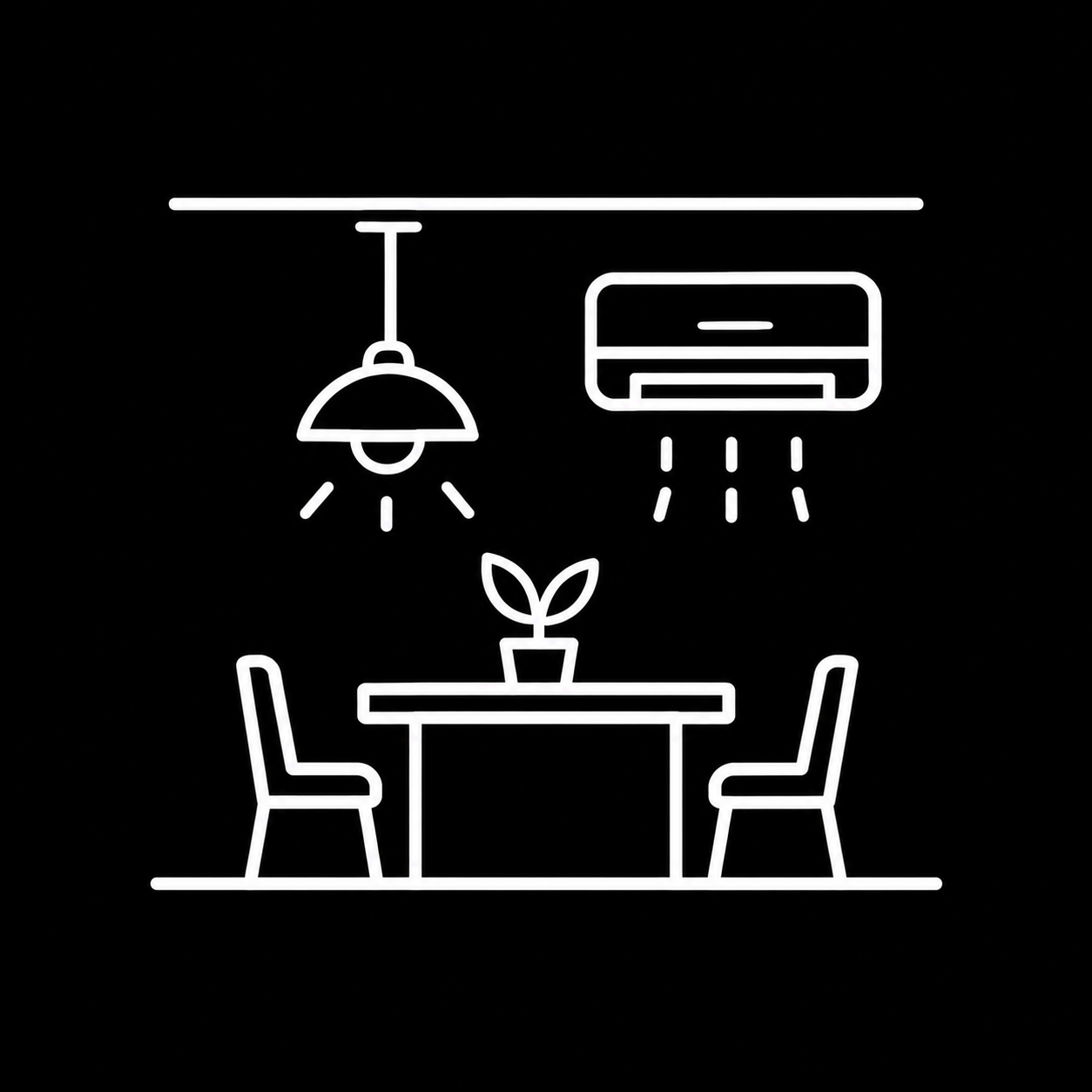 Line icon of a dining table beneath a pendant light and air conditioner.