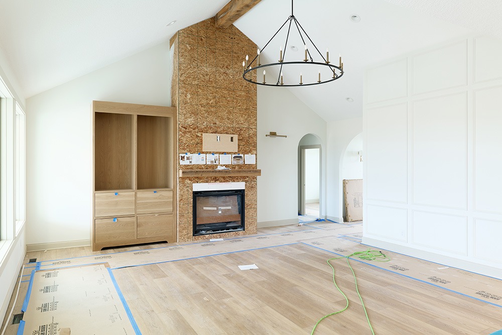 Great room mid-construction with fireplace framing