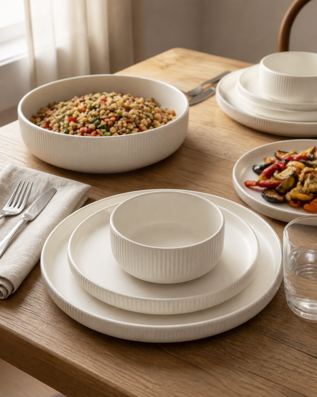 Soft Horizon warm-white plates and bowls shown in a coordinated dining place setting
