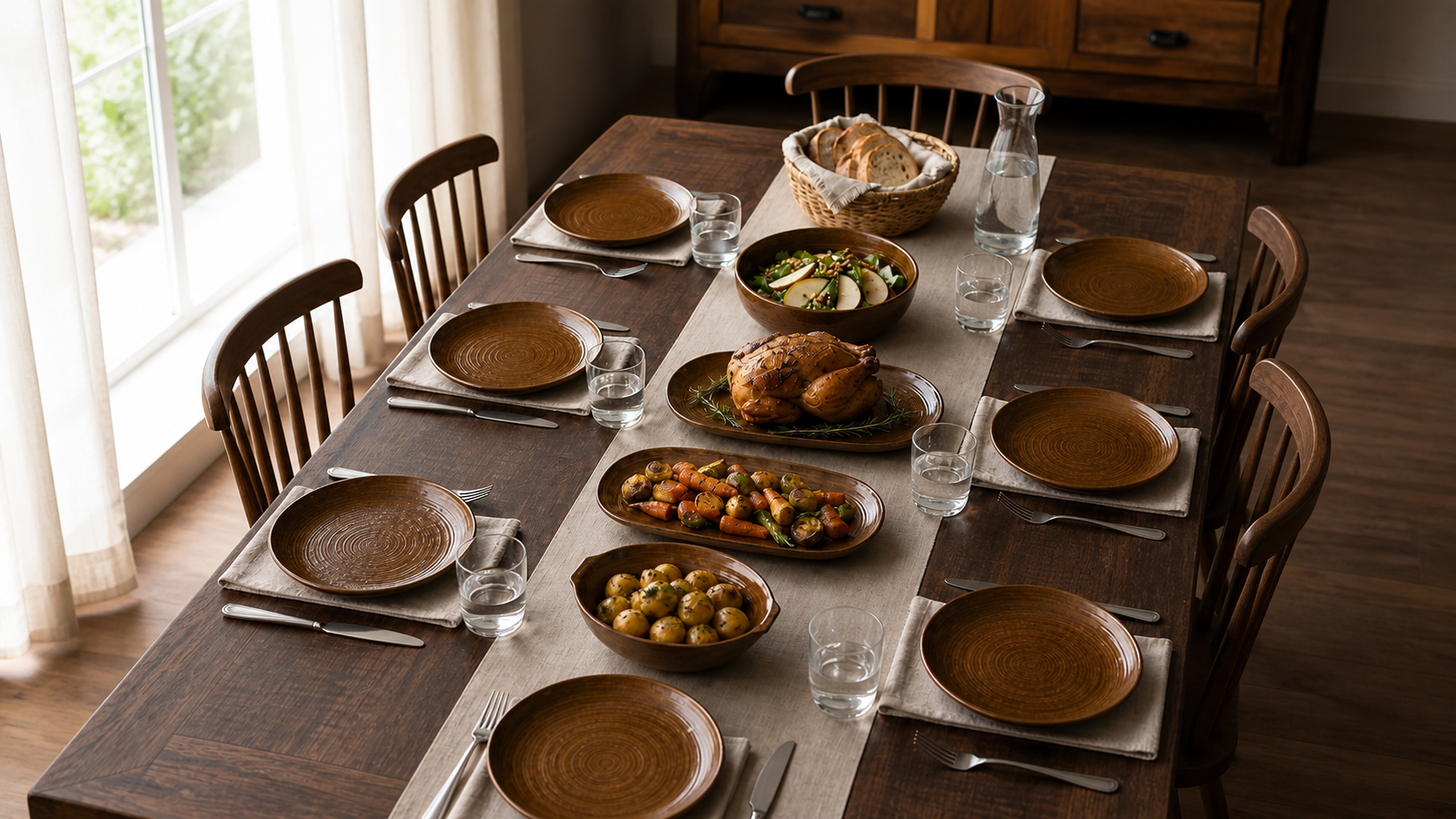 Amber Tides collection arranged on a walnut dining table
