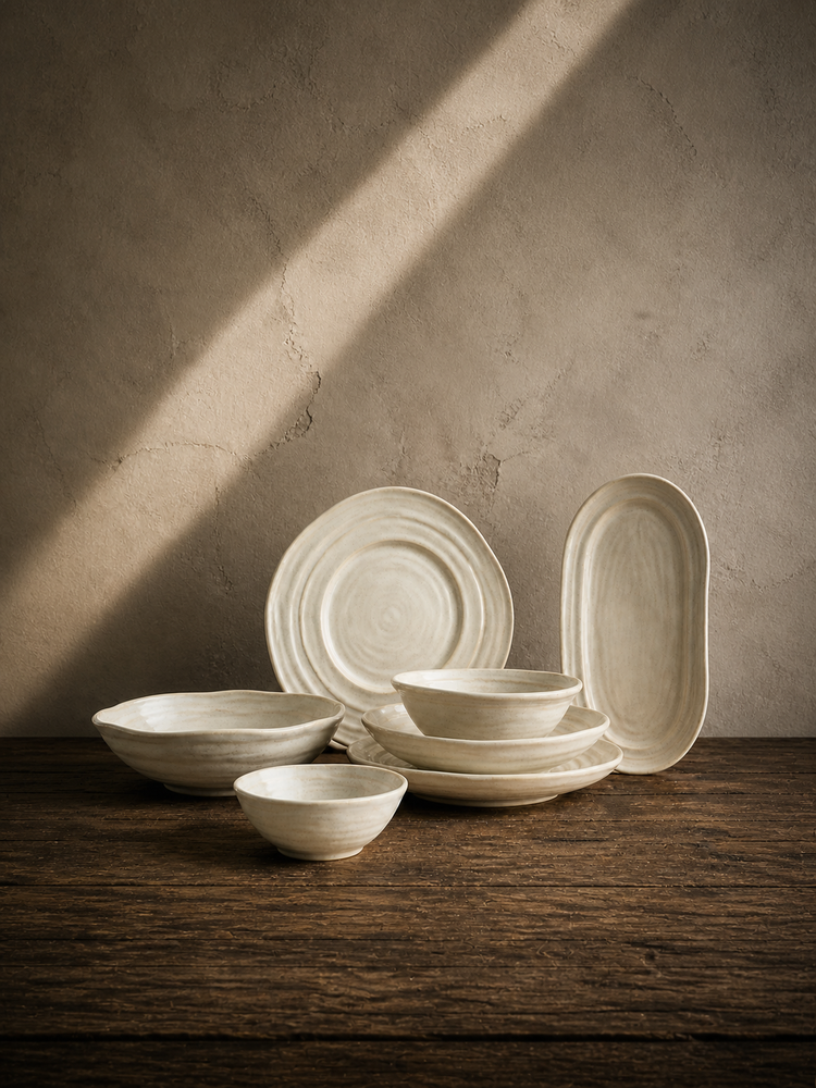 Quiet Dune collection concept: bowls, plates and an oval serving form on a wooden table
