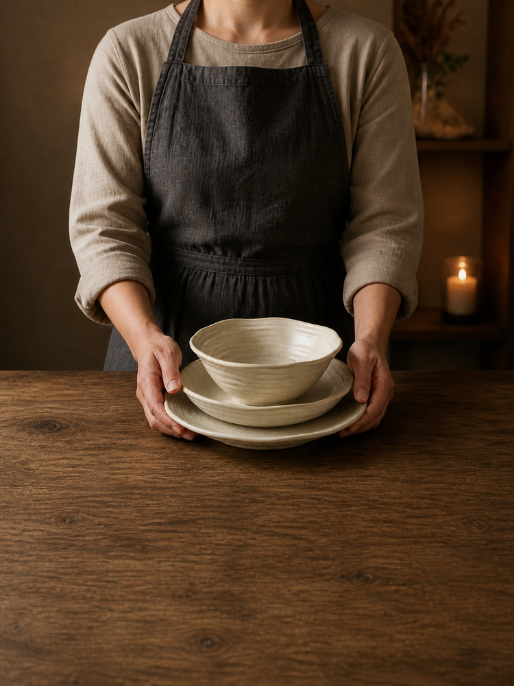 Existing concept view of hands presenting coordinated Quiet Dune bowls and plates