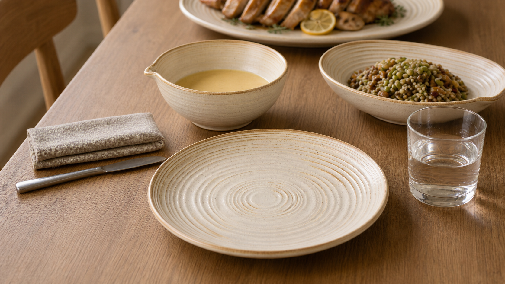 Close view of the ivory ring texture, serving bowls and coordinated plate