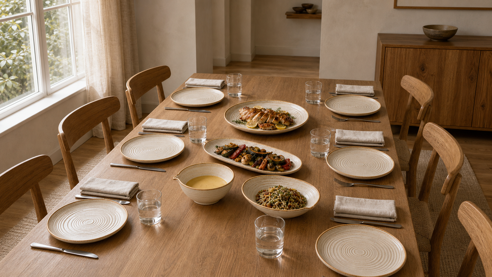 Ivory Current tableware arranged for a shared meal on an oak dining table