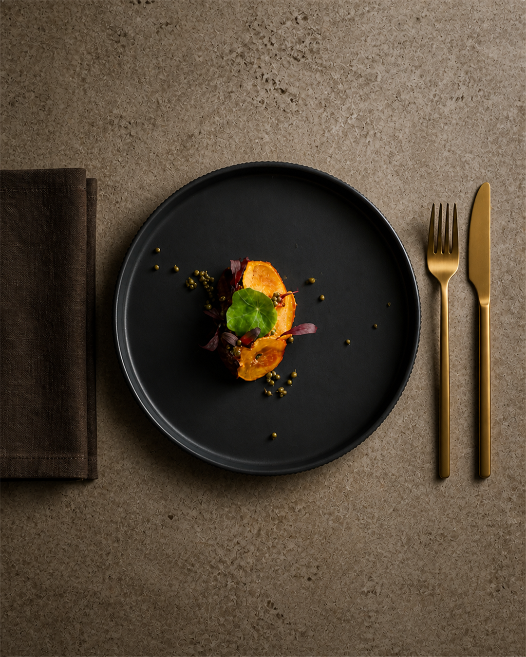 Overhead dining scene with a Midnight Reed black plate, food and cutlery