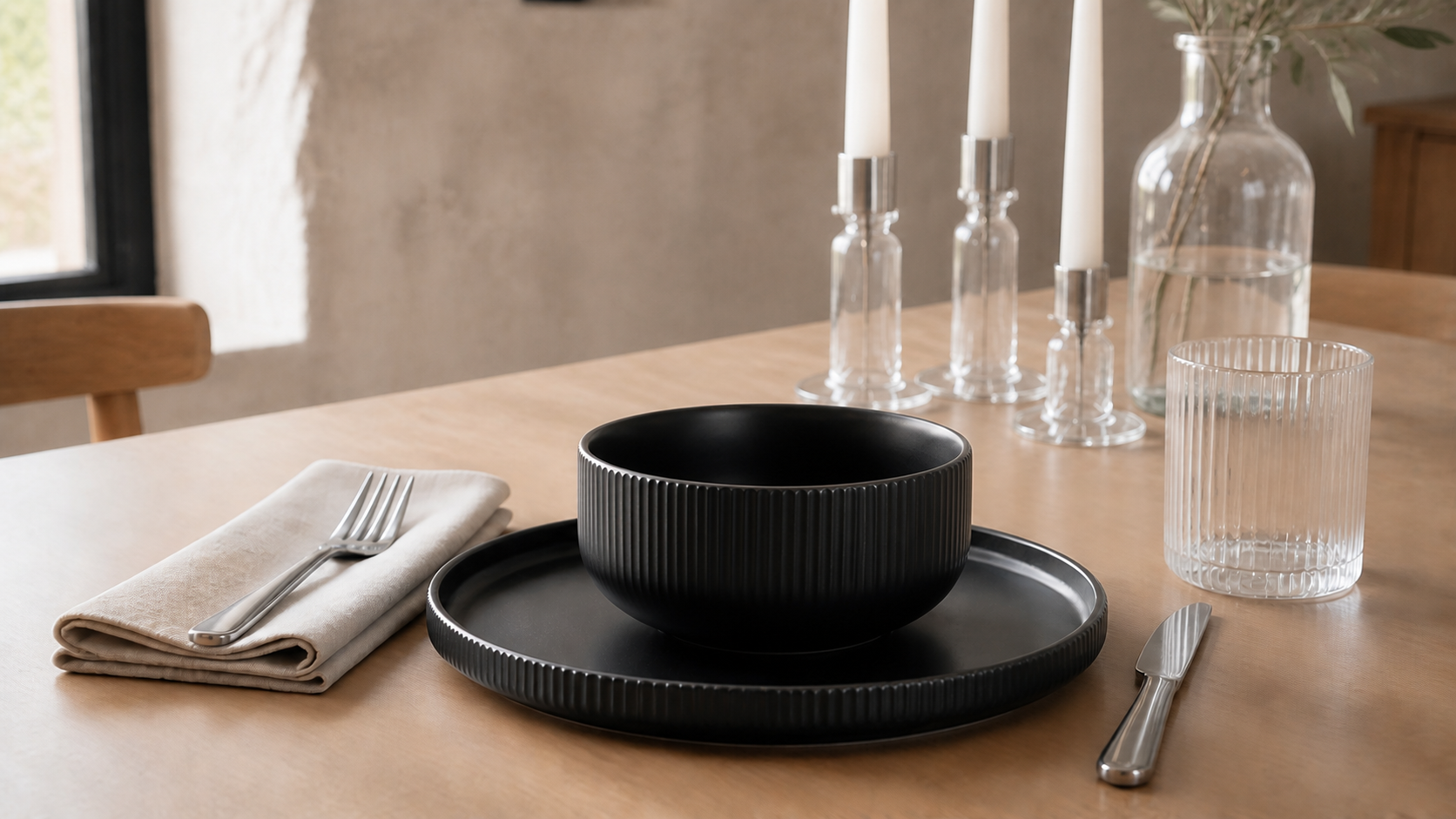 Midnight Reed ribbed bowl and plate in a complete table setting