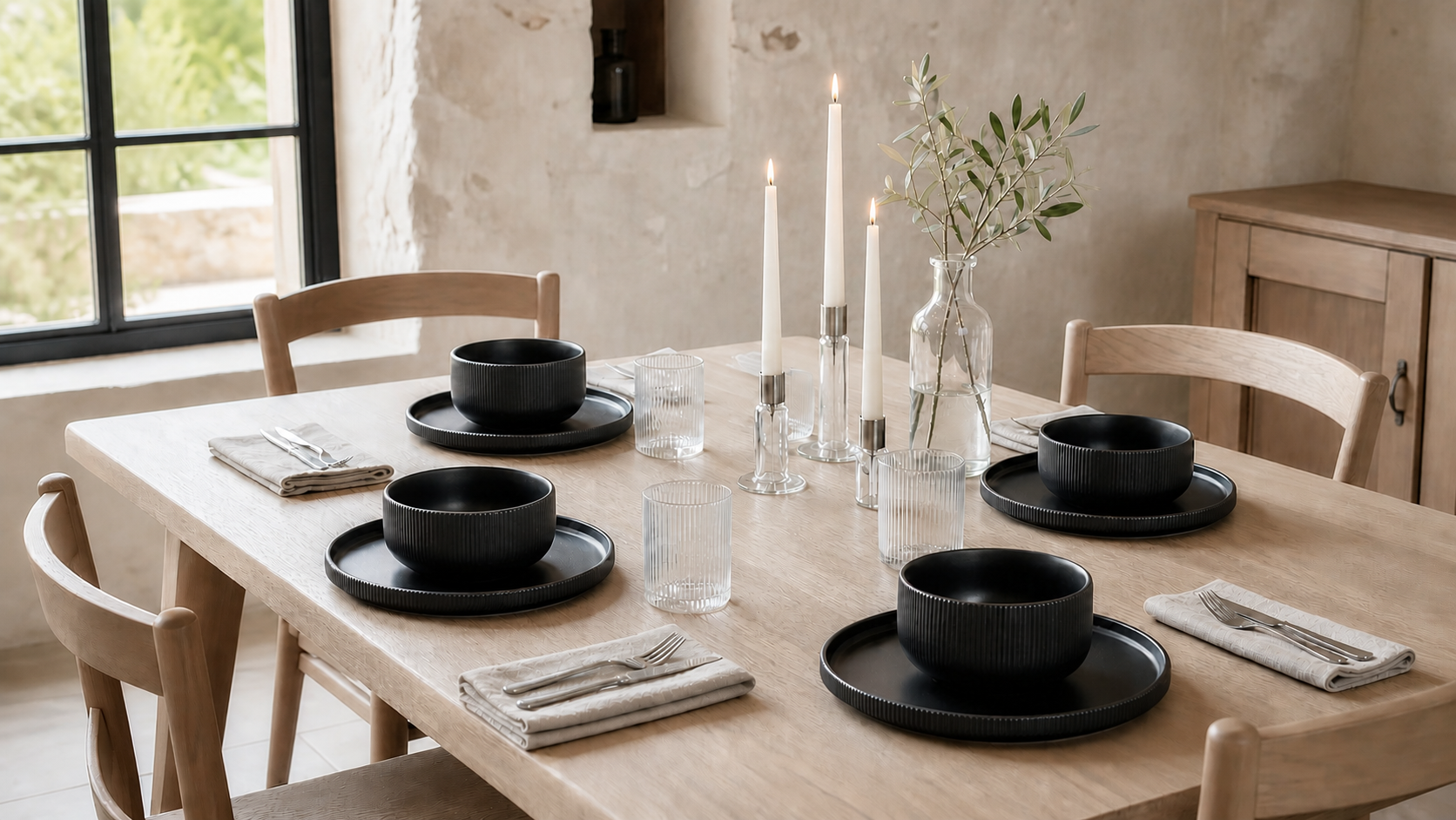 Midnight Reed black ribbed bowls and plates arranged for a complete dining table