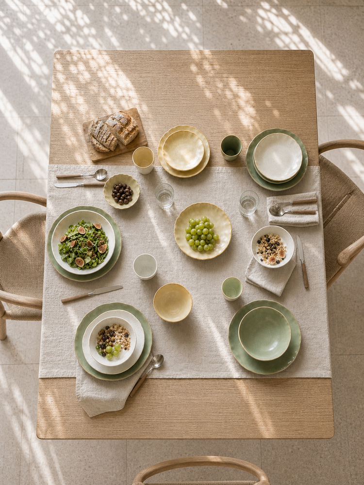 Top-down Sunlit Meadow table setting in coordinated natural colours