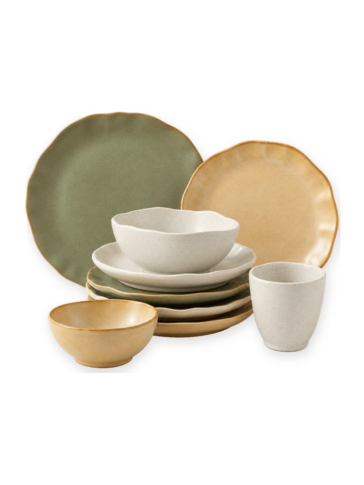 Sunlit Meadow bowls, plates and cup arranged as a coordinated colour collection