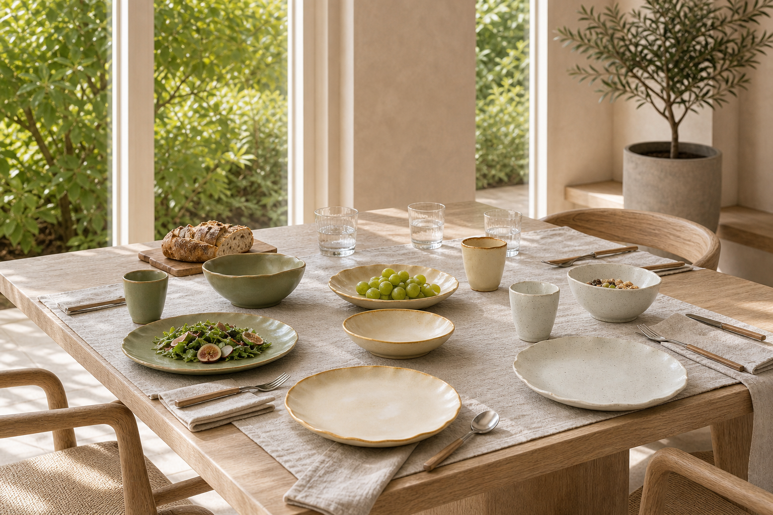 Sunlit Meadow tableware arranged for a bright garden dining table