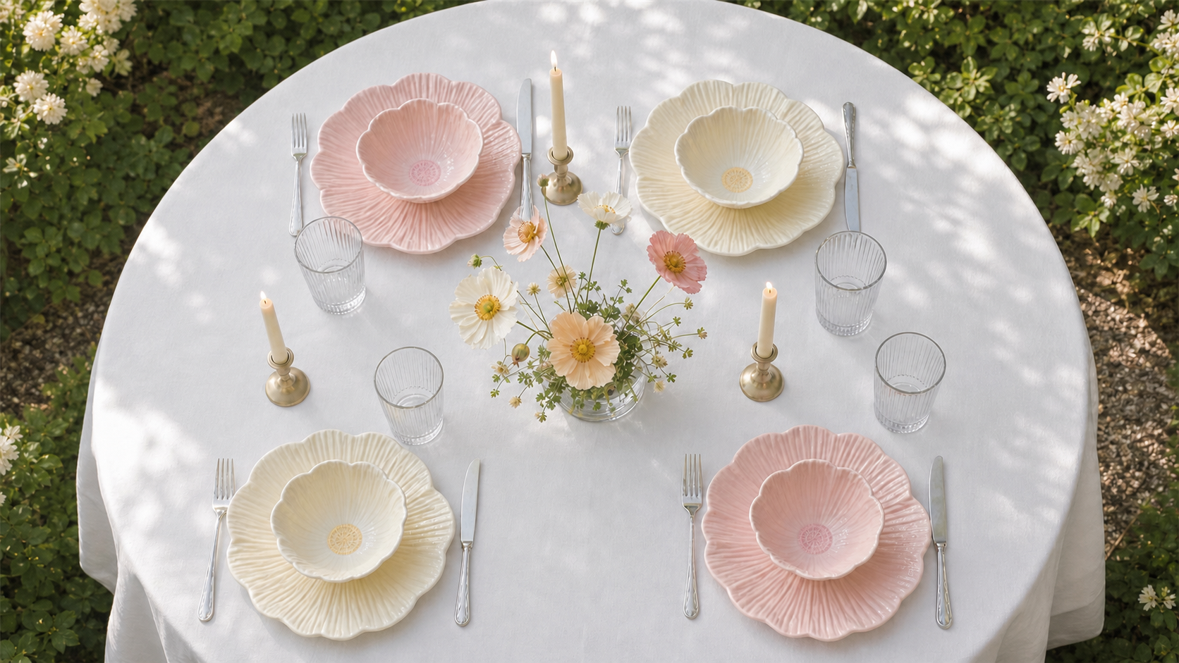 Fine Rim petal-relief tableware shown as a complete four-place garden table