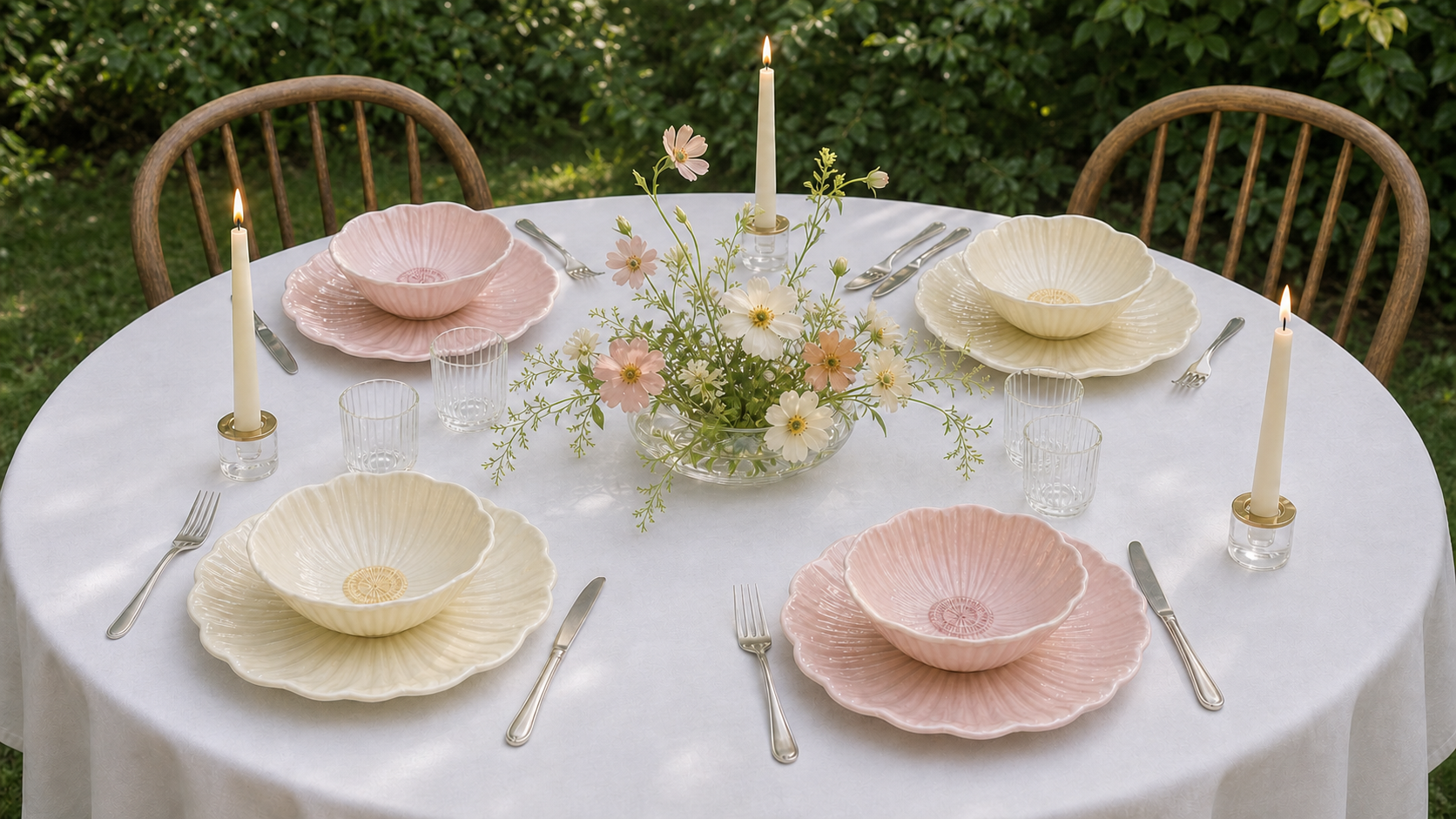 Fine Rim soft yellow and blush pink petal-relief tableware arranged across a French garden table