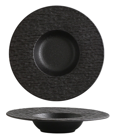 Shadow Grain 9-inch wide-rim plate shown from above and the side
