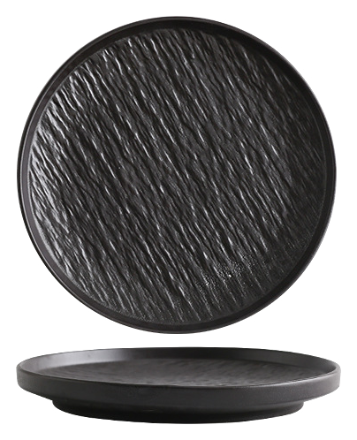 Shadow Grain 10-inch rimmed plate shown from above and the side
