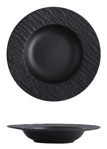 Shadow Grain 10-inch wide-rim plate shown from above and the side