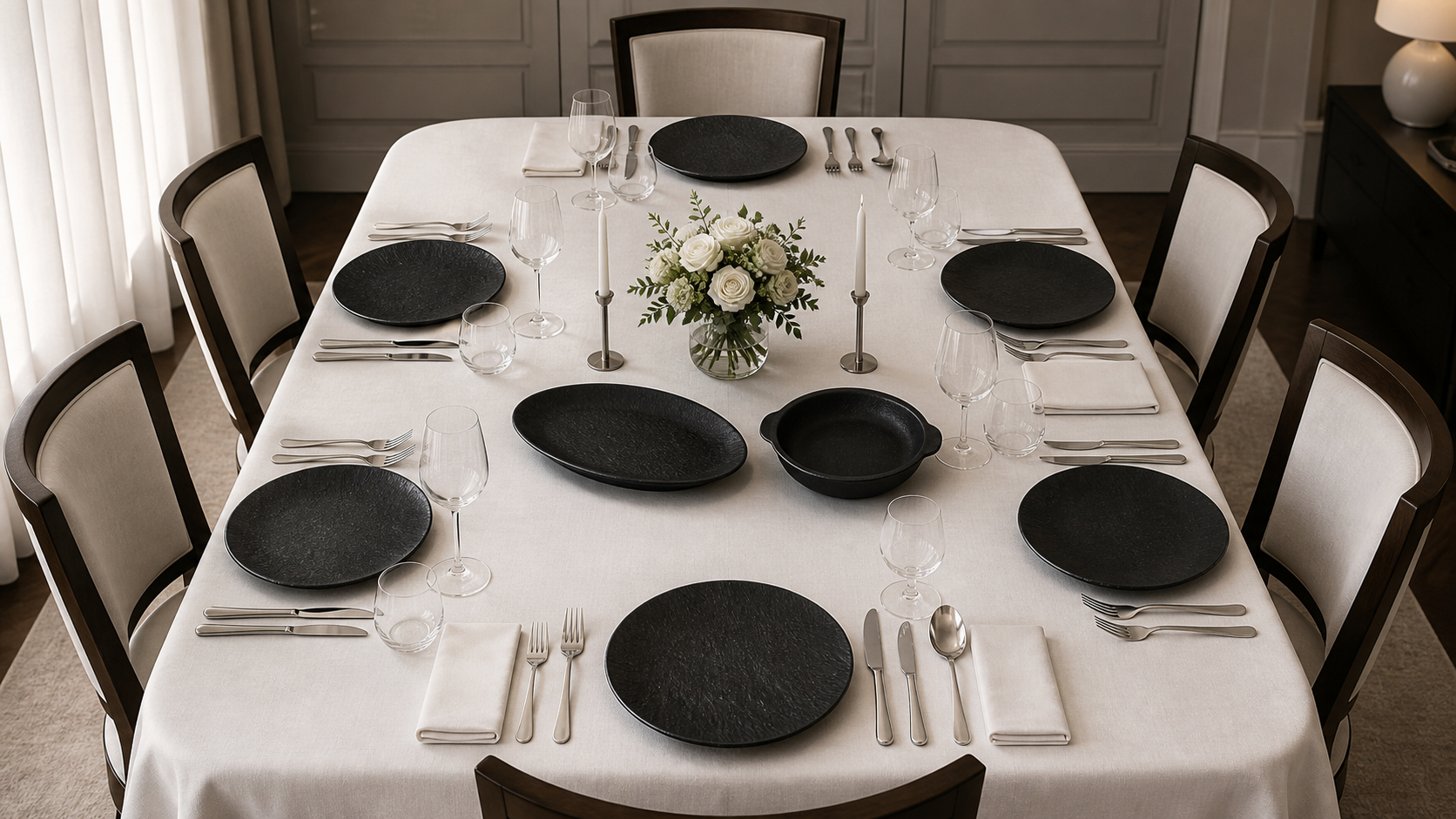 Shadow Grain deep black tableware arranged as a complete six-place Nordic dining table