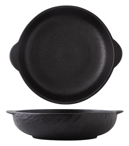 Shadow Grain 12-inch handled serving bowl shown from above and the side