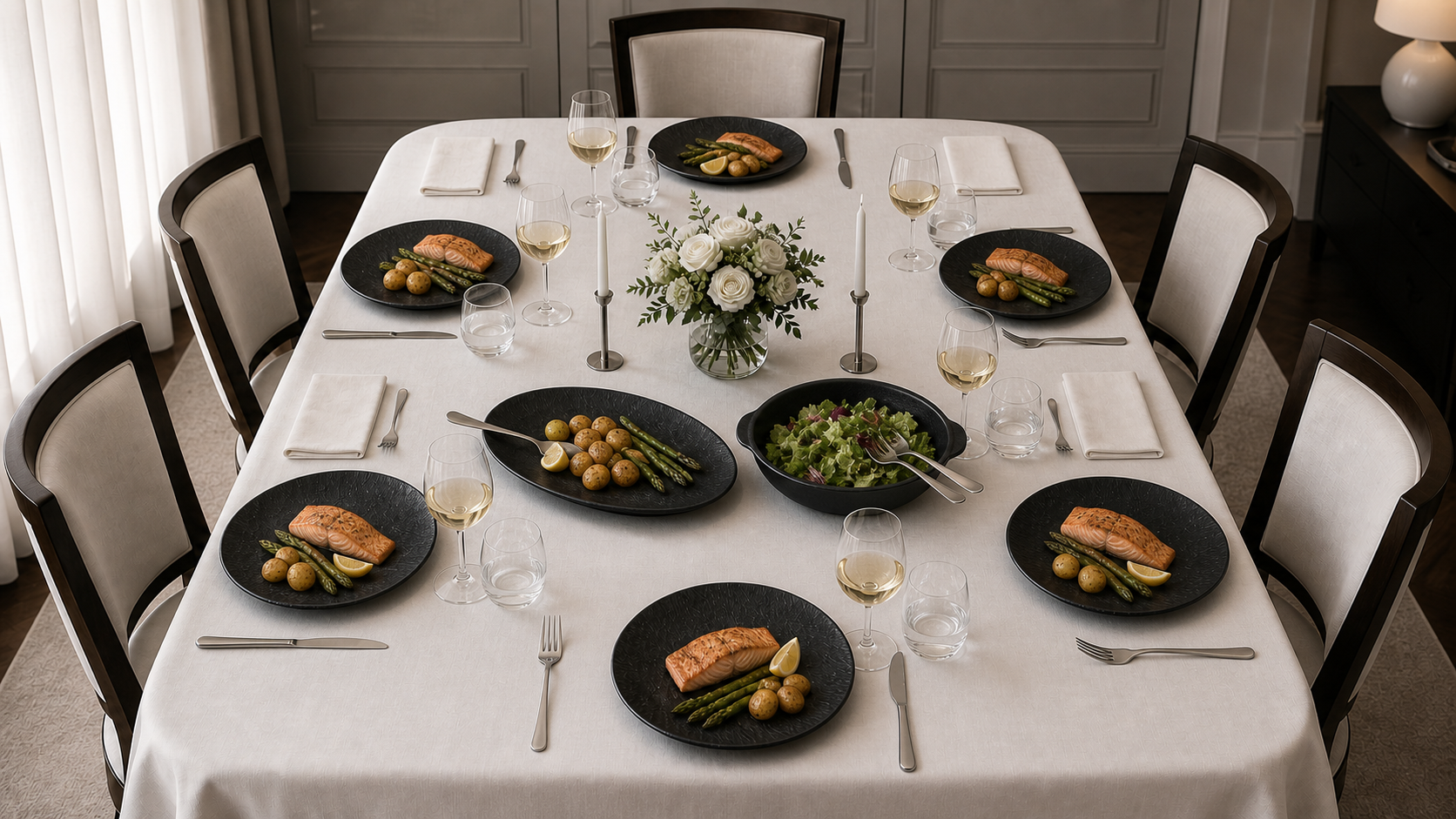 Shadow Grain deep black tableware used across a complete six-place dining table