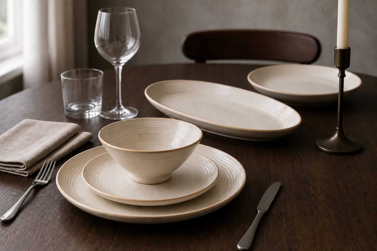 Quiet Rings warm ivory place setting and serving forms shown on a dark wood table