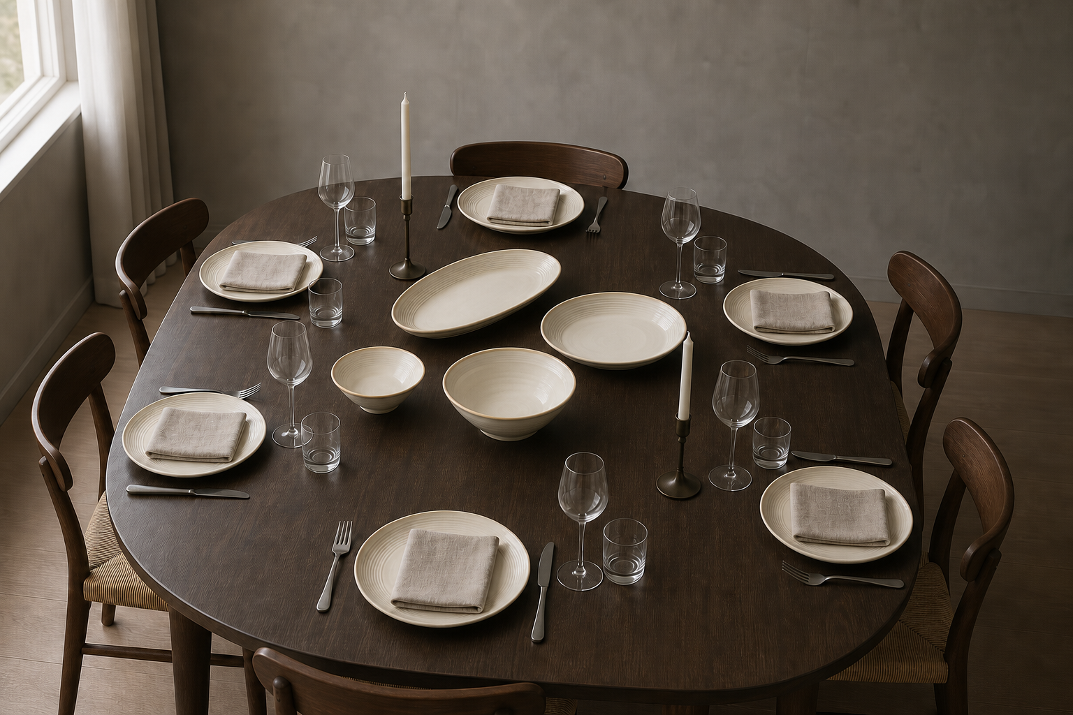 Quiet Rings warm ivory tableware arranged for six on a dark oval dining table