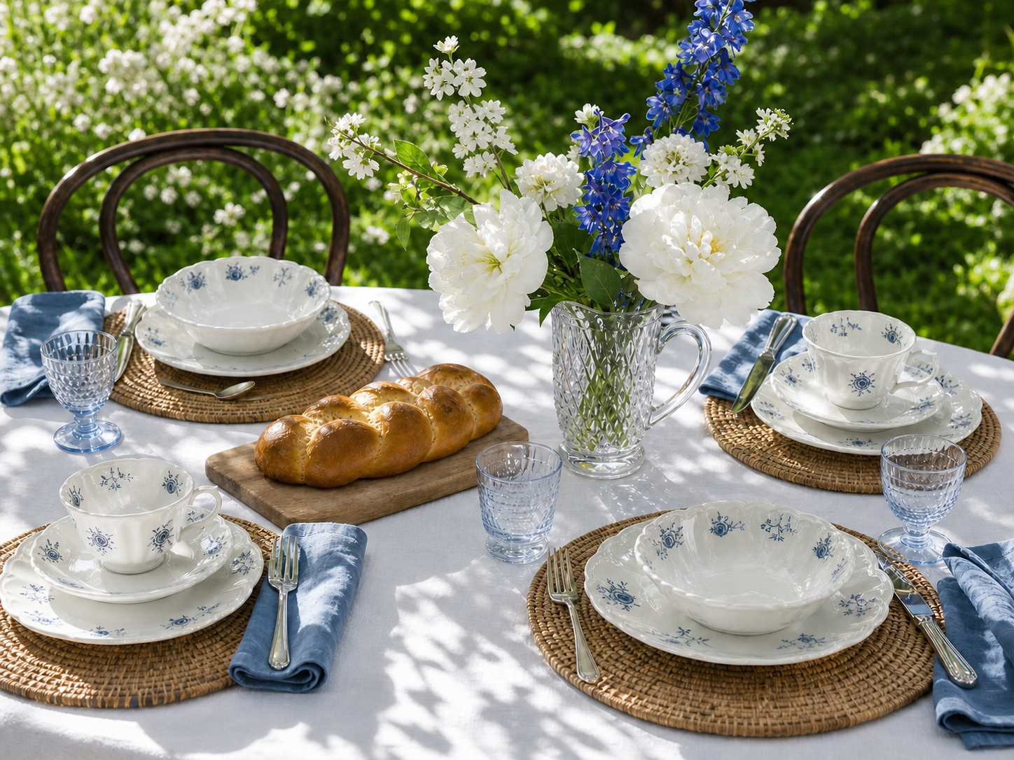 Ivory Lace blue rose dinnerware arranged for four at a bright garden breakfast table