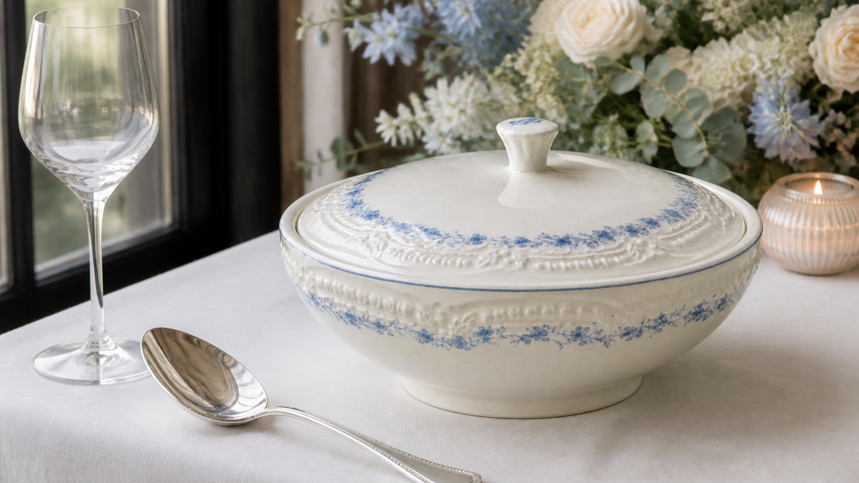 Close side view of the Garden Table lidded serving bowl showing blue floral decoration and sculpted relief