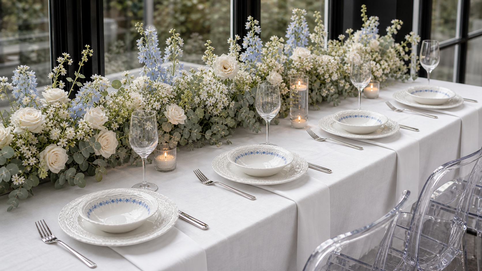 Garden Table blue floral relief tableware arranged along a bright French garden dining table