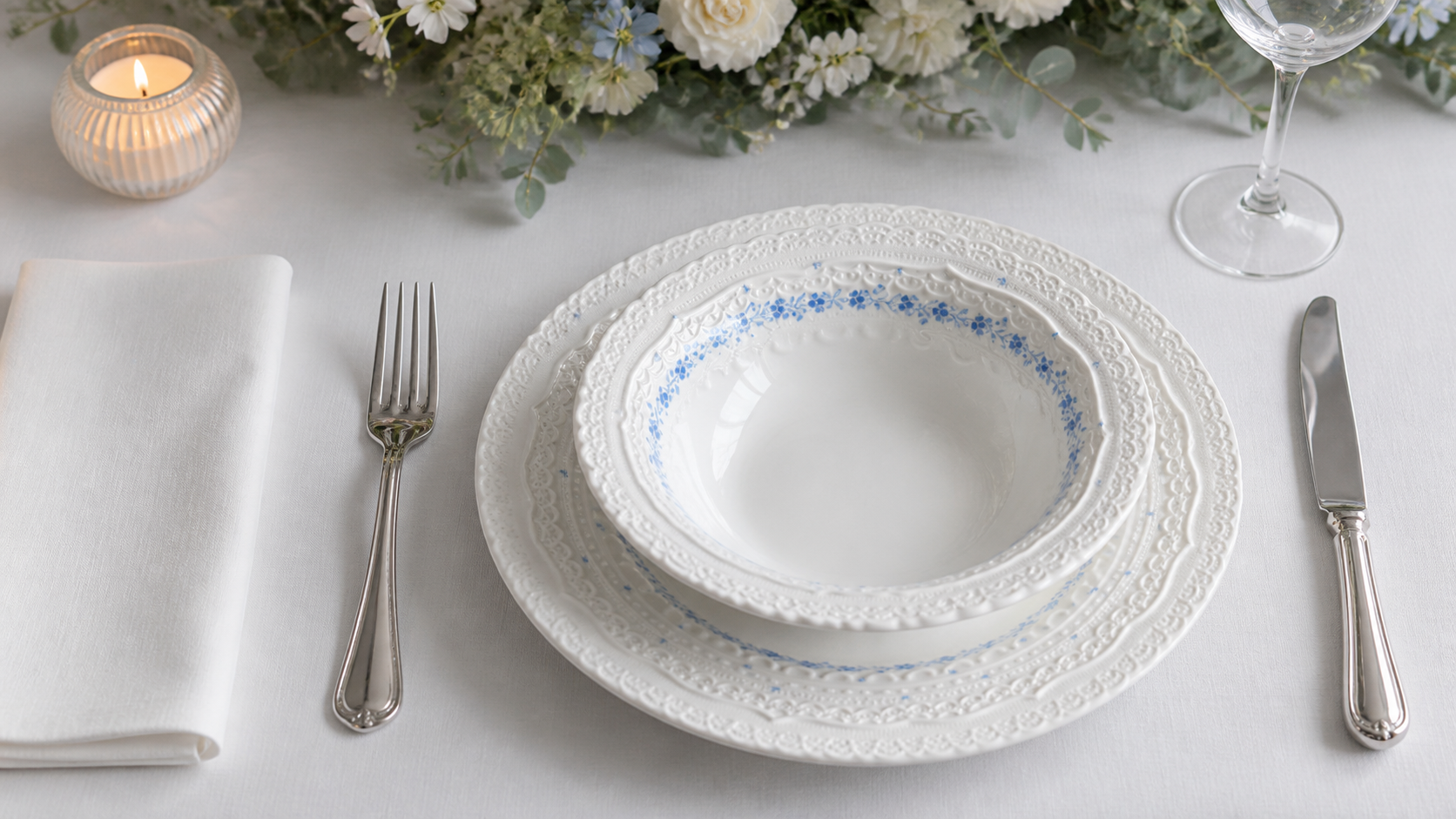Garden Table layered blue floral plates and bowl arranged in a bright French place setting