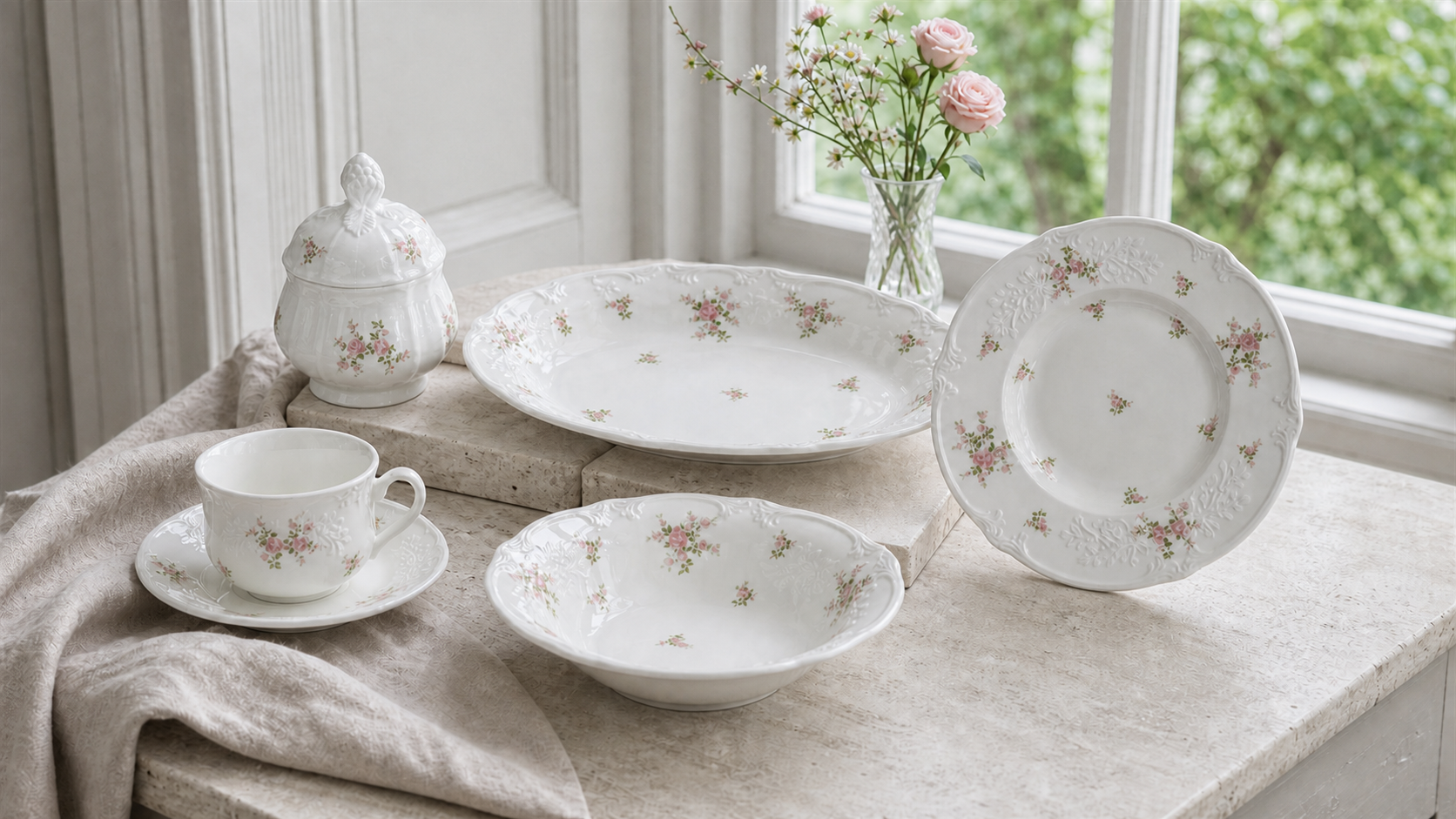 Meadow Bloom cup, bowl, plates, oval platter and lidded bowl displayed beside a bright garden window
