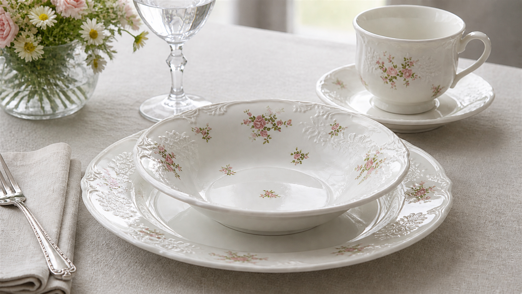 Close view of Meadow Bloom bowl, plate and cup showing pink rose sprigs and botanical rim relief