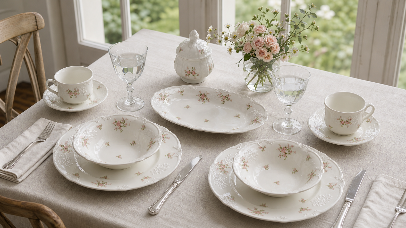Meadow Bloom ivory dinnerware with pink rose bouquets arranged at a naturally lit French country table