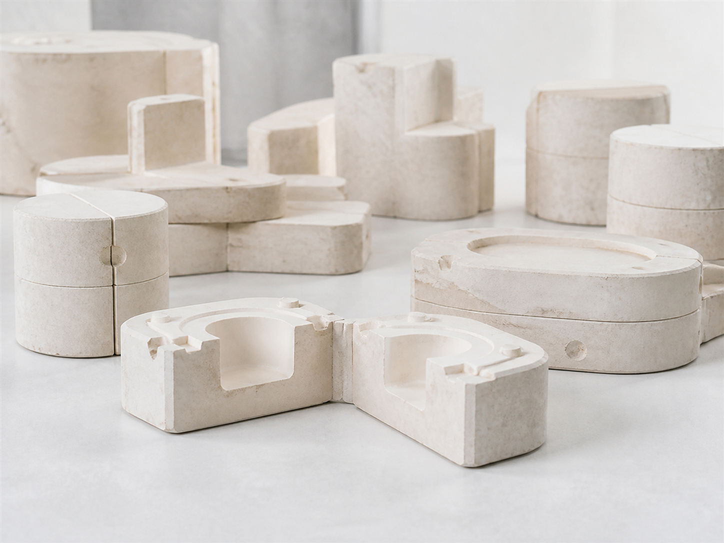 Open plaster casting mold halves and closed mold blocks on a bright workbench; no finished tableware